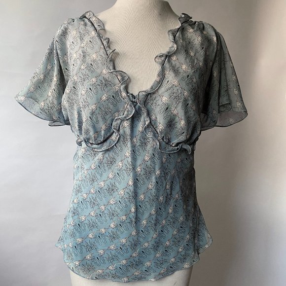 Max Studio Tops - COPY - Romantic Silk Blouse - bird print, ruffles in dusky - small